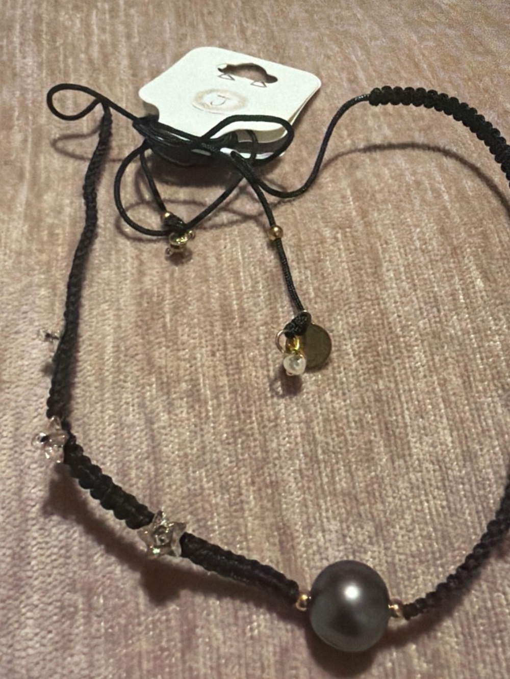 Delicate Black Cord Necklace with Grey Pearl and Crystal Accents Swarovski hand